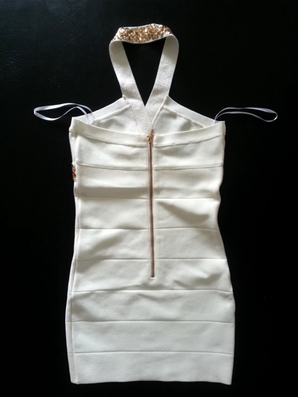 New bebe ivory white gold sequin halter zip bandage top dress - Picture 5 of 6